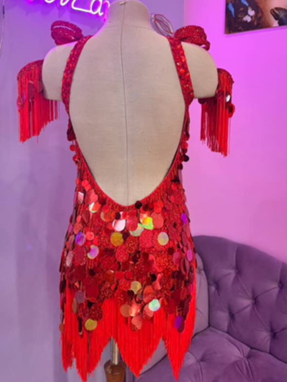 🌹Latin Ballroom Competition Dress Red Sequin Fringe Open-Back